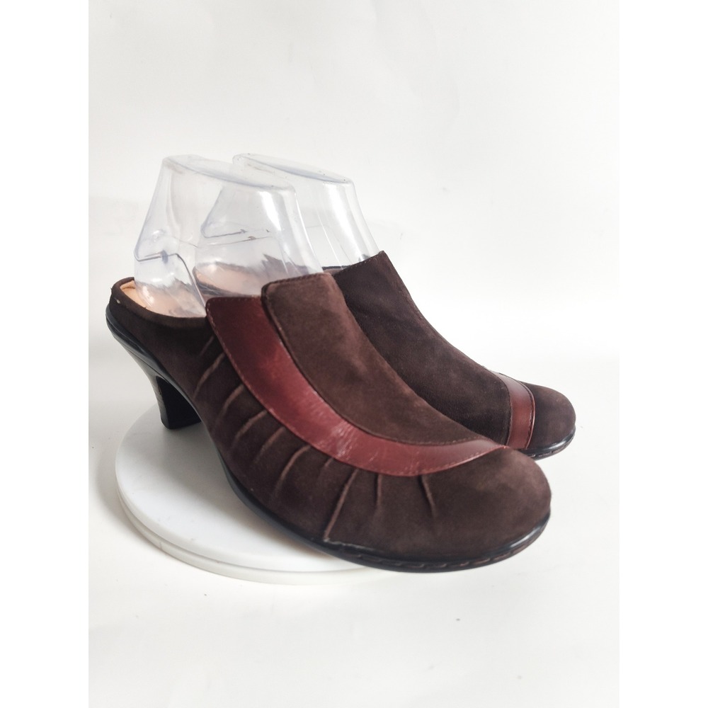 Sofft Mules 7.5 Two Tone Brown Suede Leather Pleated Kitten Heel Slip On Retro